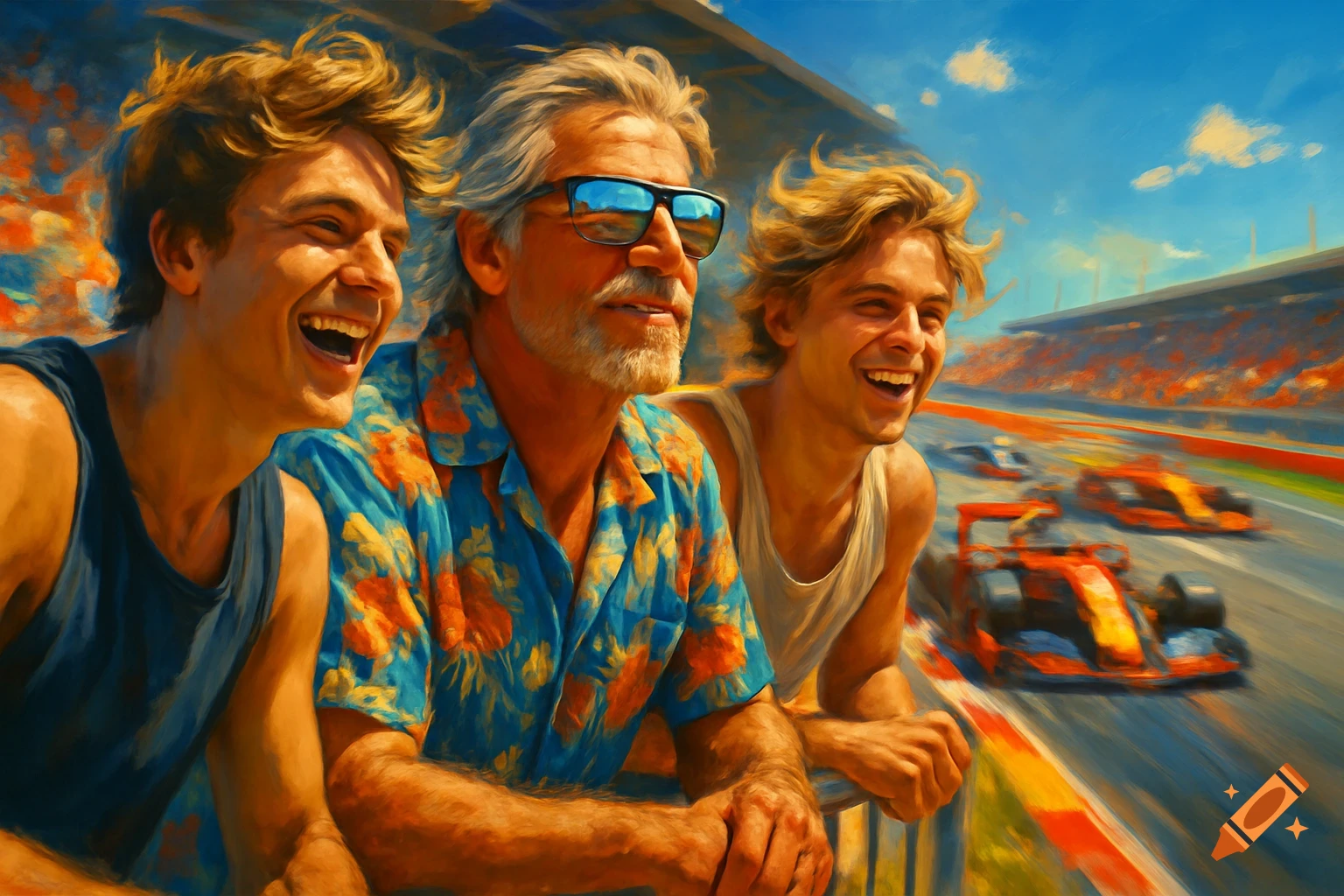 Three men, an older man with sunglasses and two younger men, laugh while watching a Formula One race from the stands in a vibrant, painterly style.