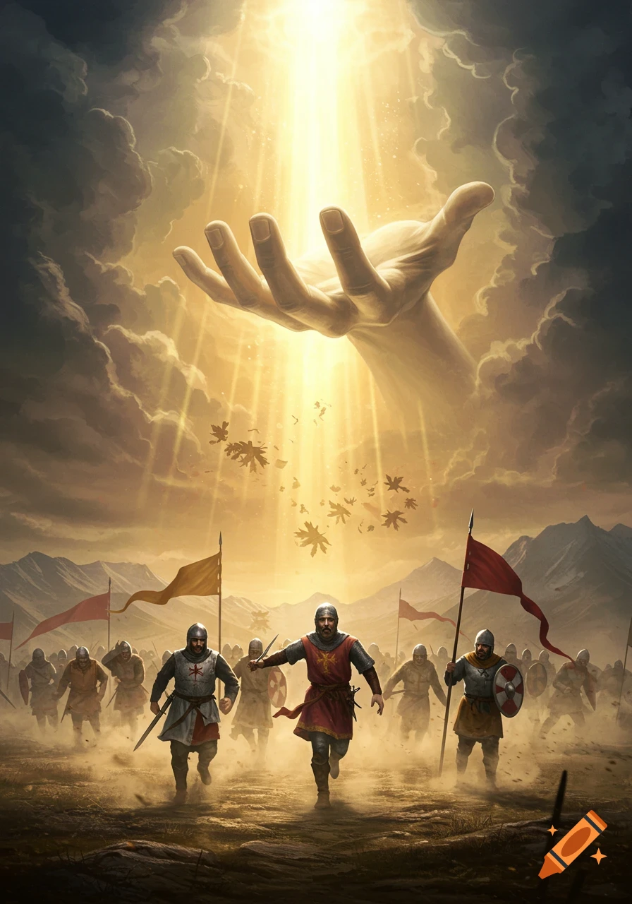 A giant hand reaching from the heavens above a terrified medieval army fleeing under bright golden light.