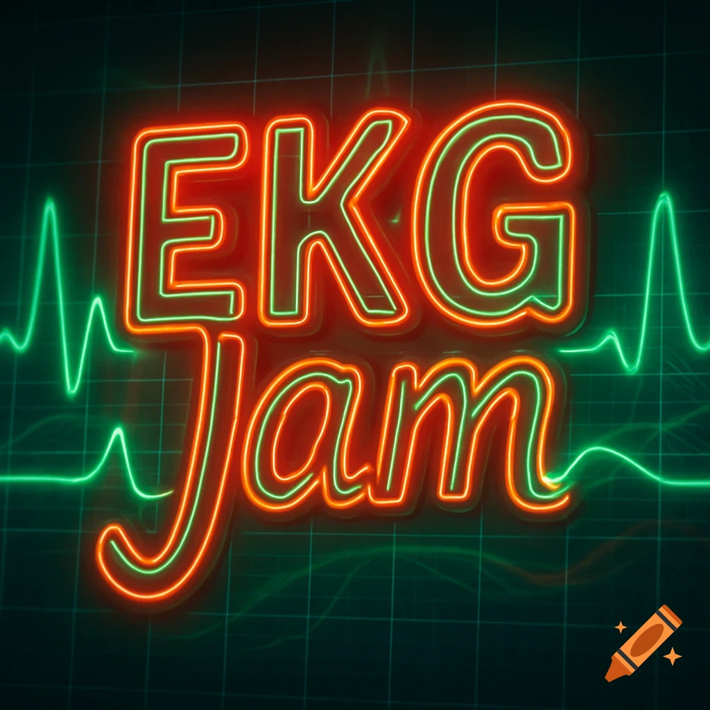 Neon sign displaying 'EKG Jam' in red and green letters over a green heart monitor line and grid.