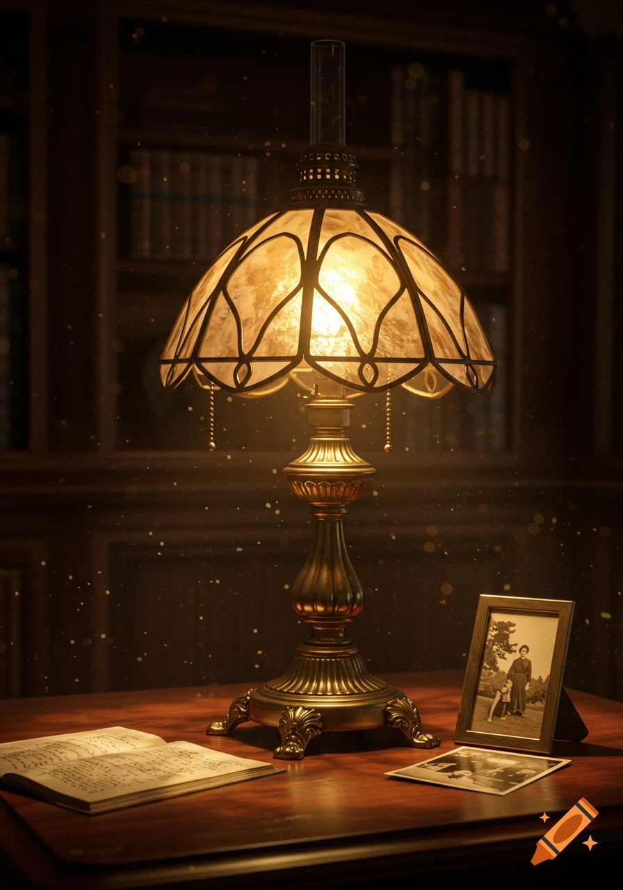 A vintage Tiffany-style lamp illuminates a wooden desk with an open book and framed photos, in a warm, dark room with bookshelves.