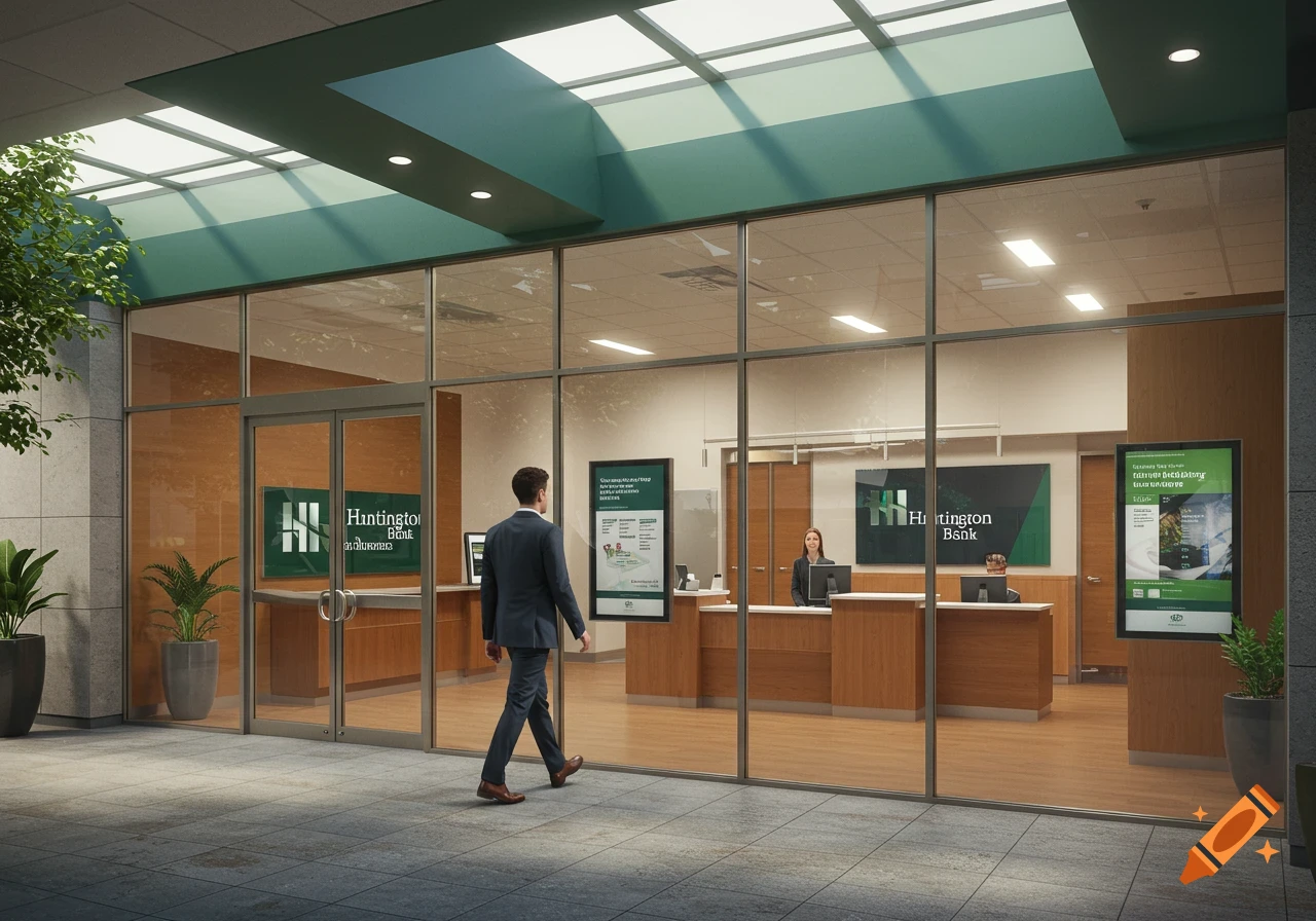 A man walks towards the glass entrance of a Huntington Bank branch, revealing the lobby and tellers inside. Photorealistic.