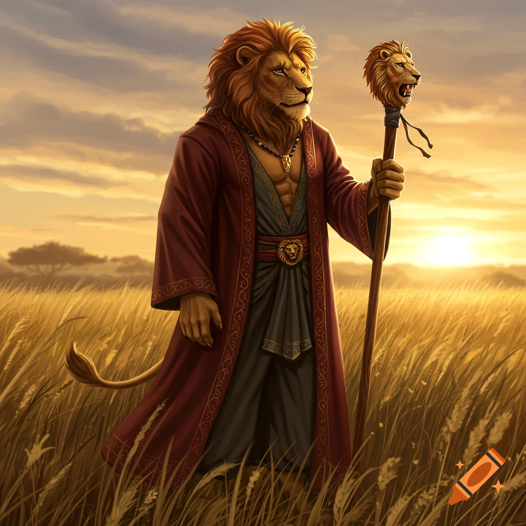 An anthropomorphic male lion in a red robe stands in a golden field at sunset, holding a staff topped with a lion's head.
