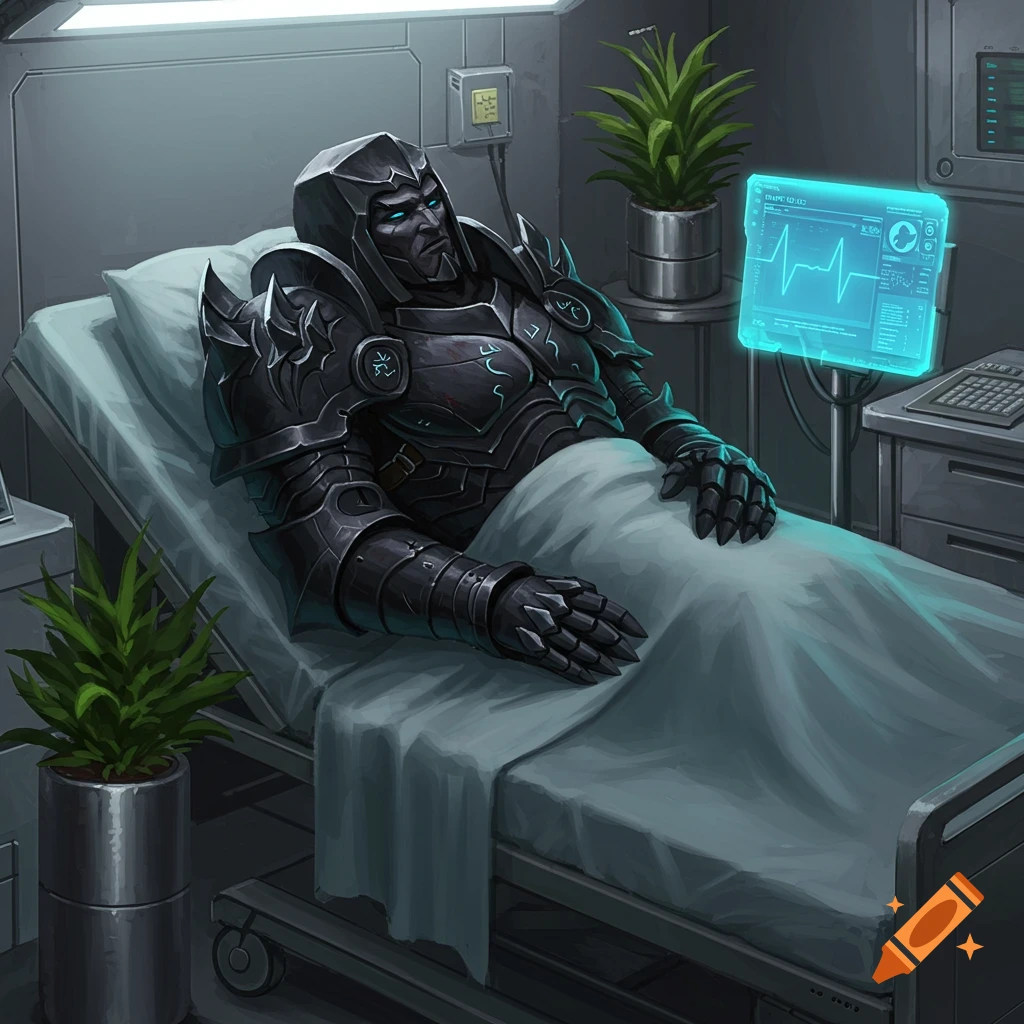A knight in black, ornate armor with glowing blue eyes lies in a futuristic hospital bed, next to a glowing blue medical monitor.