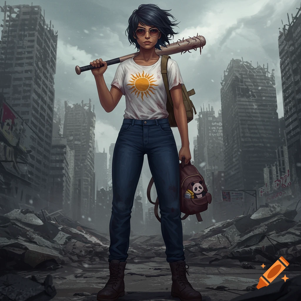 A dark-haired woman in sunglasses, white t-shirt with a sun, jeans, and combat boots stands holding a spiked baseball bat in a ruined city. She has a backpack with a panda logo.