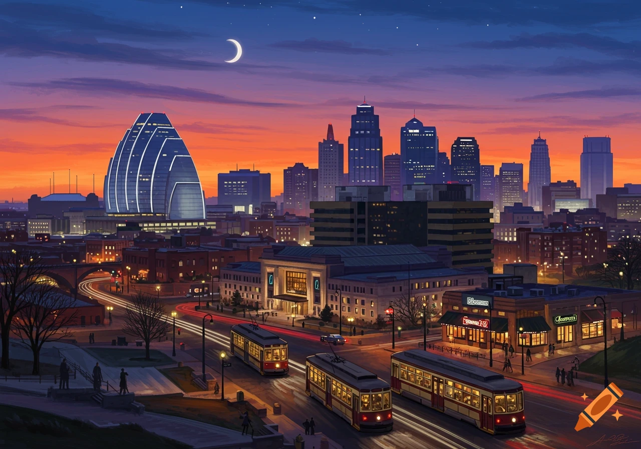 A vibrant, illustrated cityscape at dusk with a distinctive modern skyscraper, historical trams on the street, and a colorful sky.