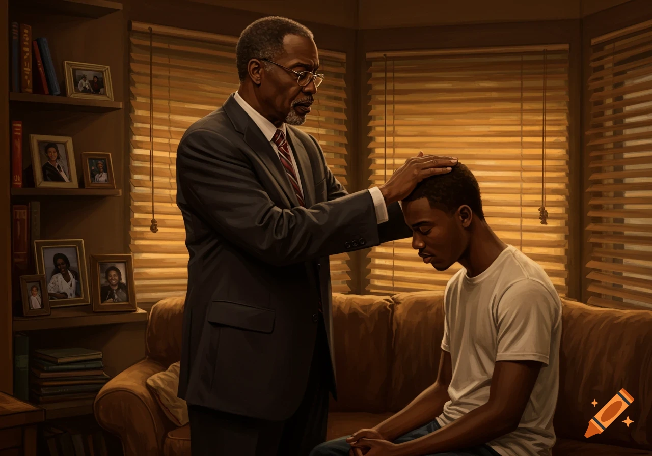 An older Black man in a suit anoints the head of a young Black man in a t-shirt, seated on a couch in an apartment, in a realistic painting.