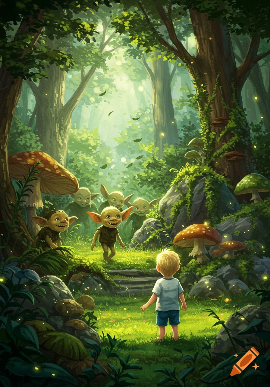 A blond boy stands in a lush green forest, looking at several smiling goblins emerging from the foliage and mushrooms.