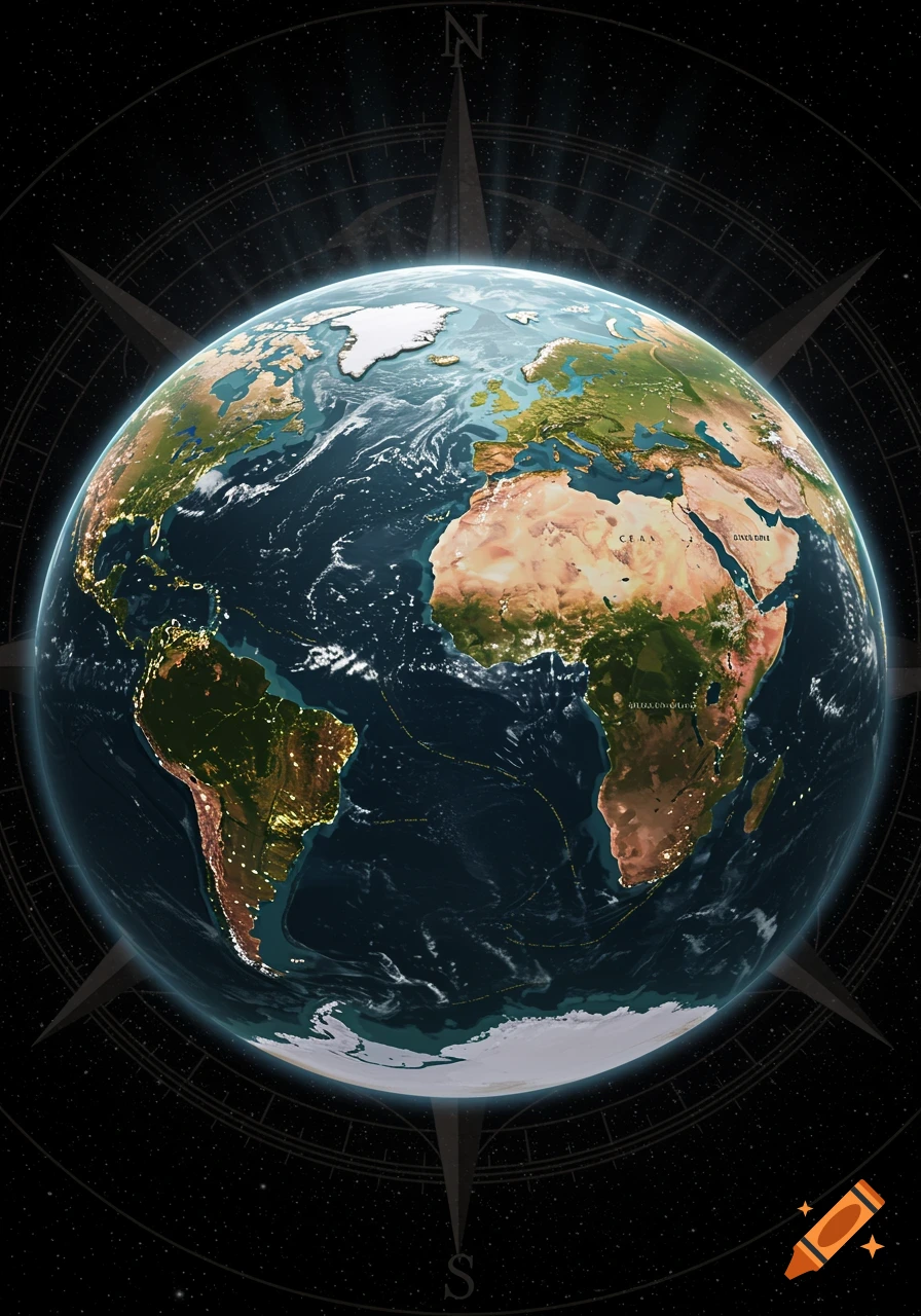 A detailed 3D rendering of planet Earth from space, showing continents with city lights, set against a dark starry background with a faint compass rose.