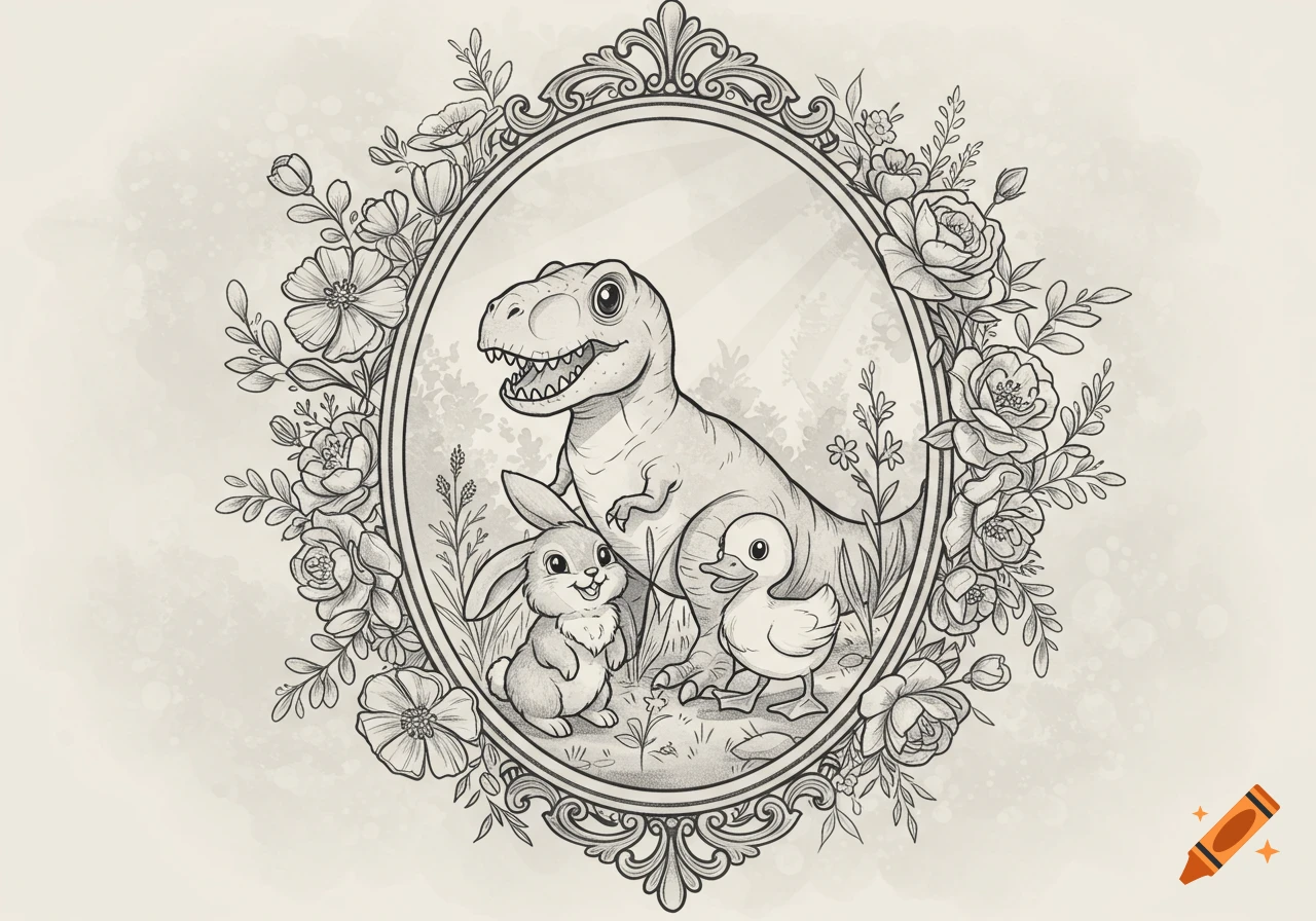 Whimsical black and white line art of a T-Rex, bunny, and duckling inside an ornate oval frame surrounded by flowers and vines.