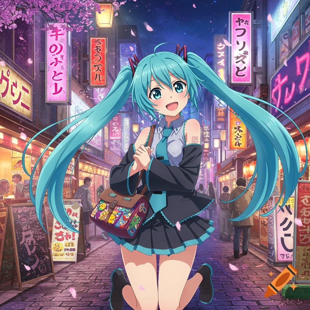 An anime girl with long blue pigtails kneels on a cobblestone street at night, smiling amidst glowing neon signs and cherry blossoms.