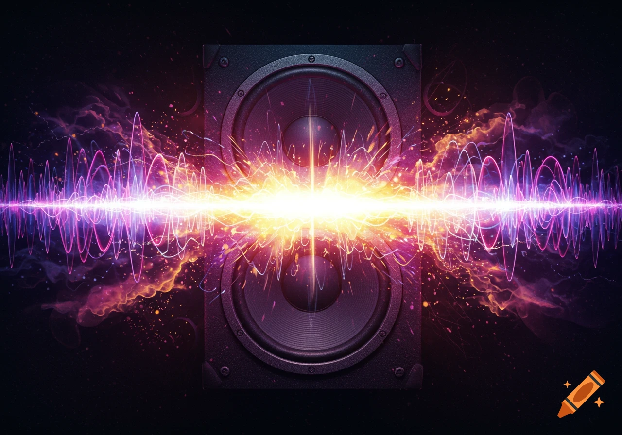 A large speaker cabinet erupting with bright purple and orange sound waves and light on a dark background.
