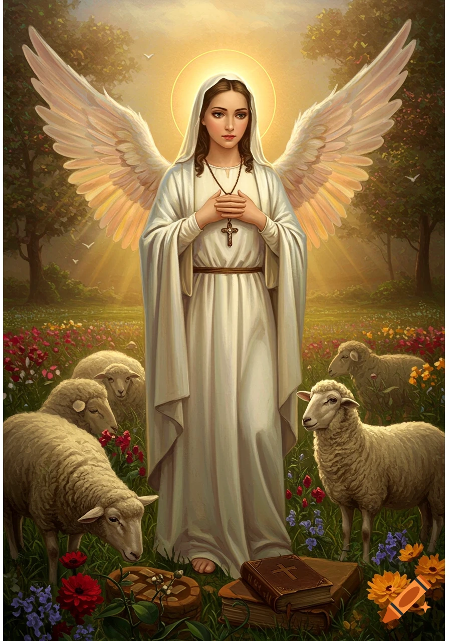 An angelic figure, likely Mary, with large white wings and a halo, stands in a vibrant flower-filled meadow surrounded by sheep, holding a cross necklace and with a bible at her feet.