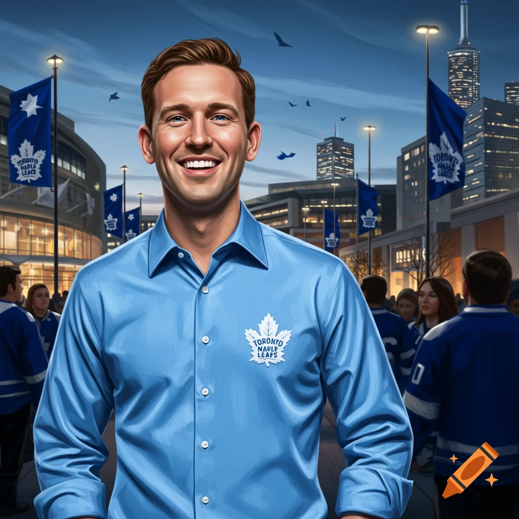 A smiling man in a blue shirt with a Toronto Maple Leafs logo stands in a city square with flags and buildings.