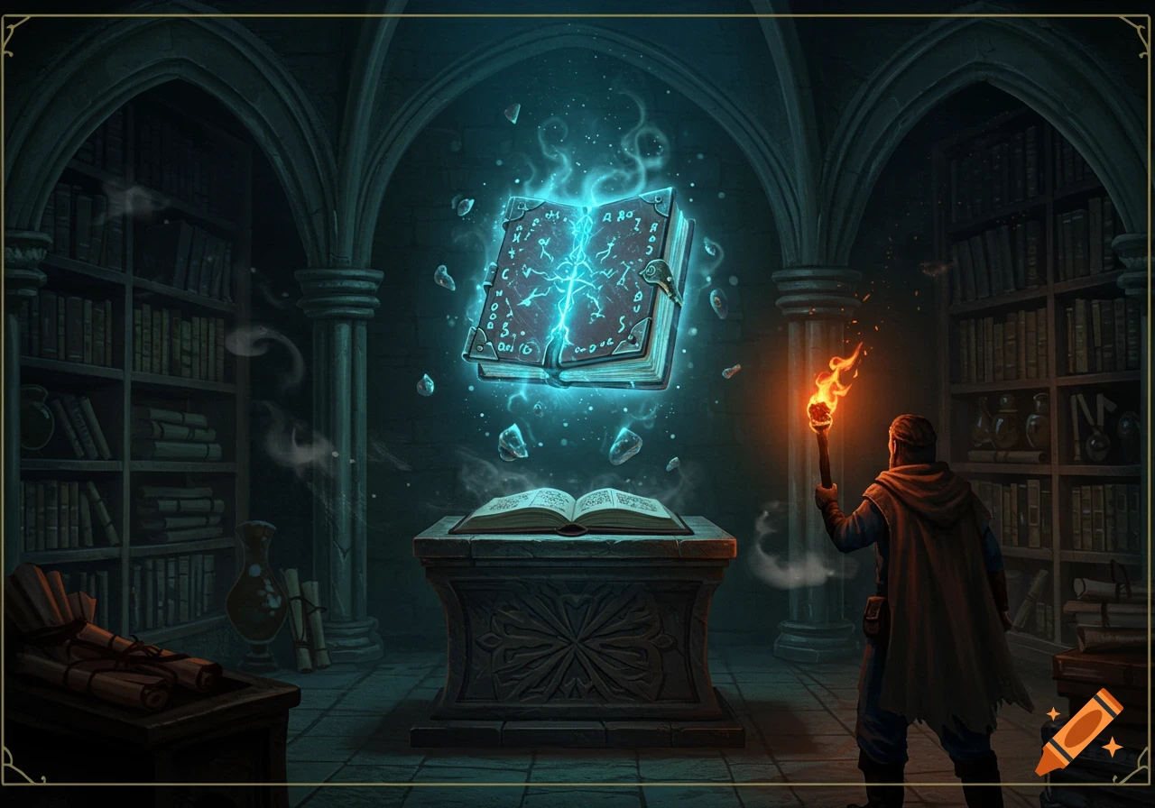 A robed figure with a torch stands in a gothic library, looking at a glowing magical book hovering over a stone pedestal.