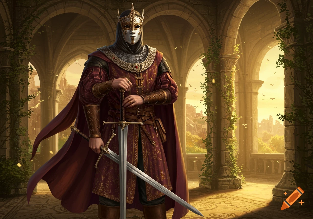A masked knight in elaborate red and gold robes holds a longsword in a sunlit ruined archway.