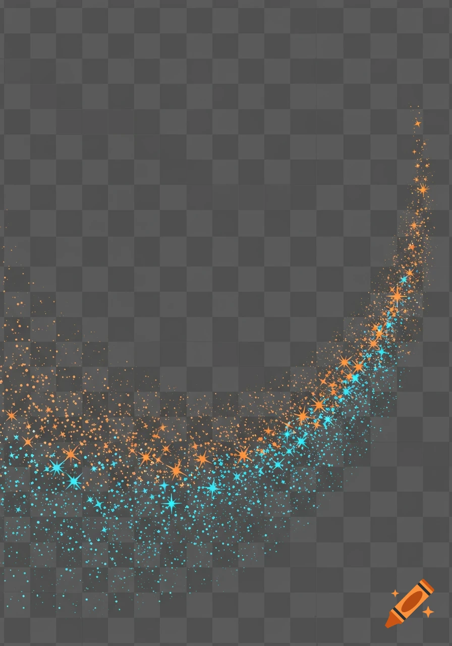 A curving trail of orange and turquoise stars and glitter on a transparent background, conveying motion.
