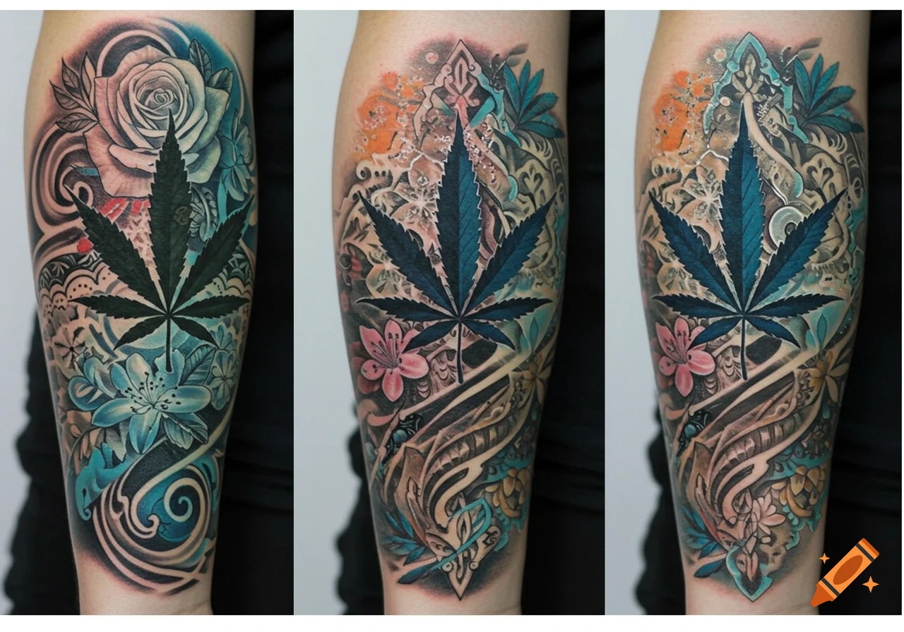 Three distinct watercolor-style tattoos featuring a central dark cannabis  leaf surrounded by intricate floral and abstract designs on an arm. on  Craiyon, image size:1280x896