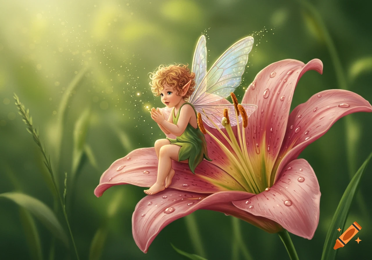 A whimsical baby fairy with curly hair and iridescent wings sits on a large pink lily flower, surrounded by glowing particles in a lush green setting.