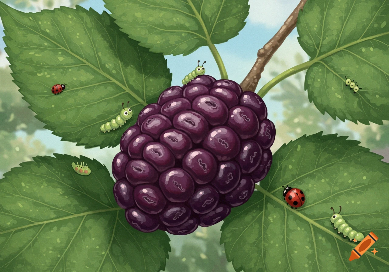 An illustration of a large mulberry fruit on a branch with green leaves, surrounded by cute caterpillars and ladybugs.