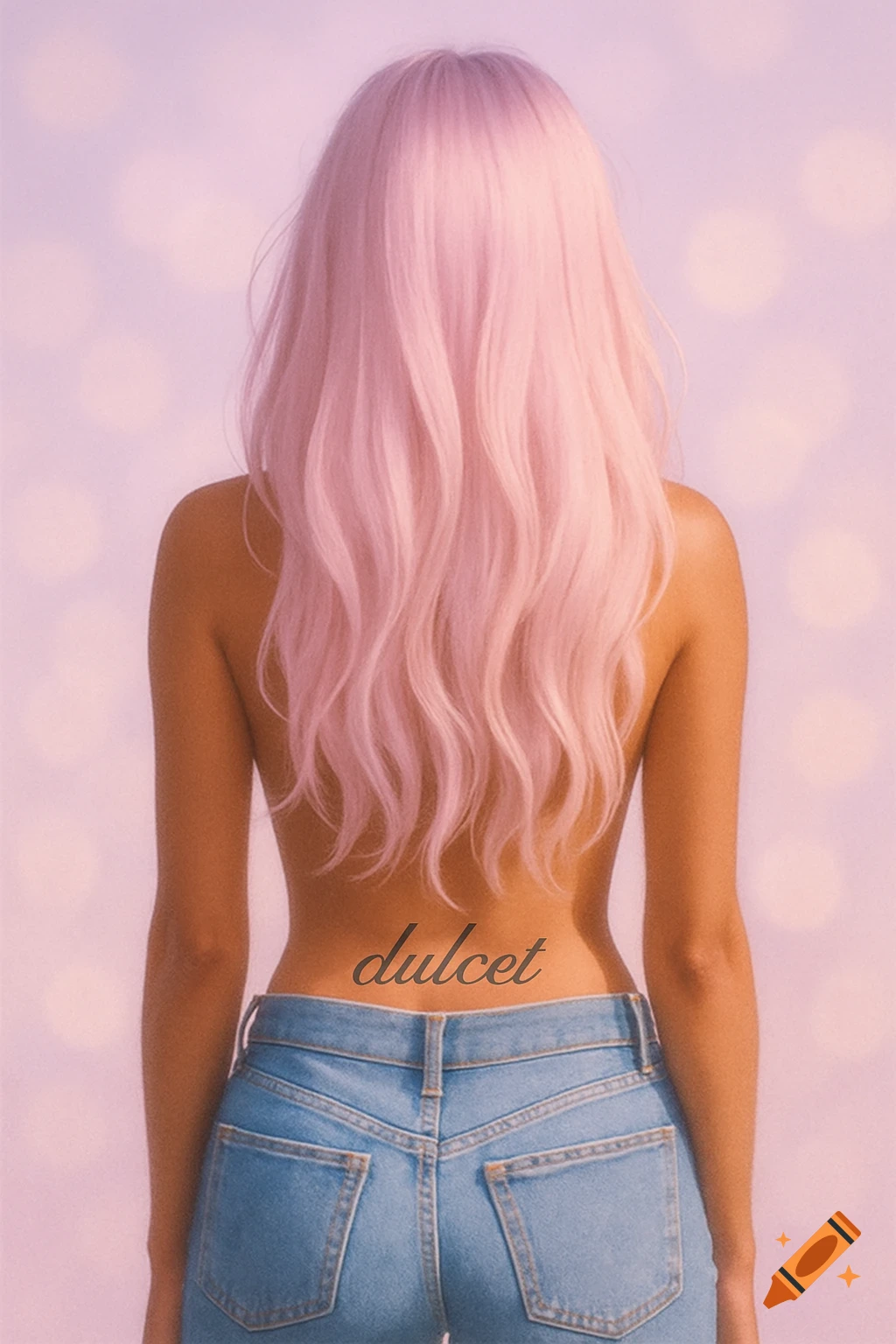 Back view of a woman with long pink hair covering her back, wearing denim jeans and a 'dulcet' tattoo on her lower back against a pink bokeh background.