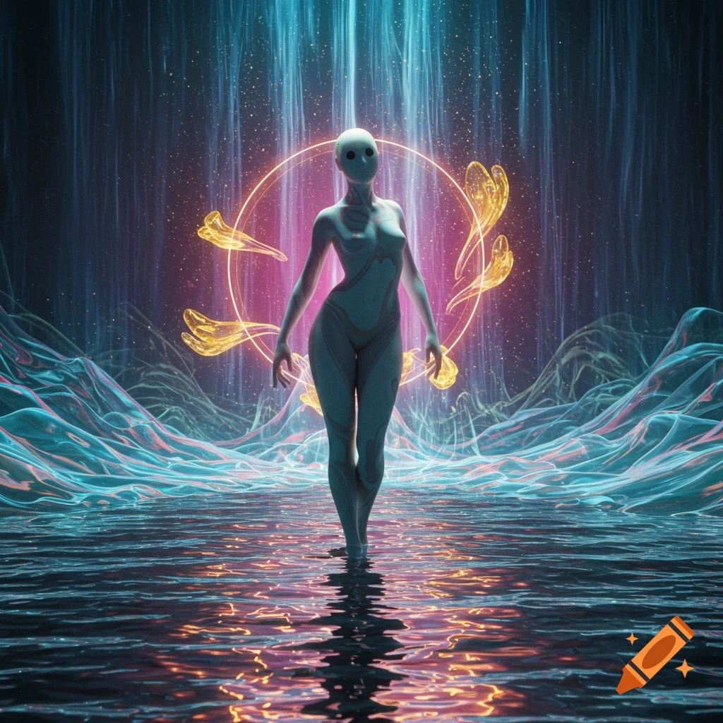 A slender, pale humanoid with dark eyes stands in shallow, reflective water, surrounded by glowing neon rings and abstract light. Blue and pink light streams from above.