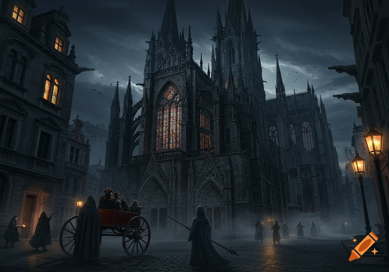 A dark gothic cathedral looms over a cobblestone street at night, with cloaked figures and street lamps.