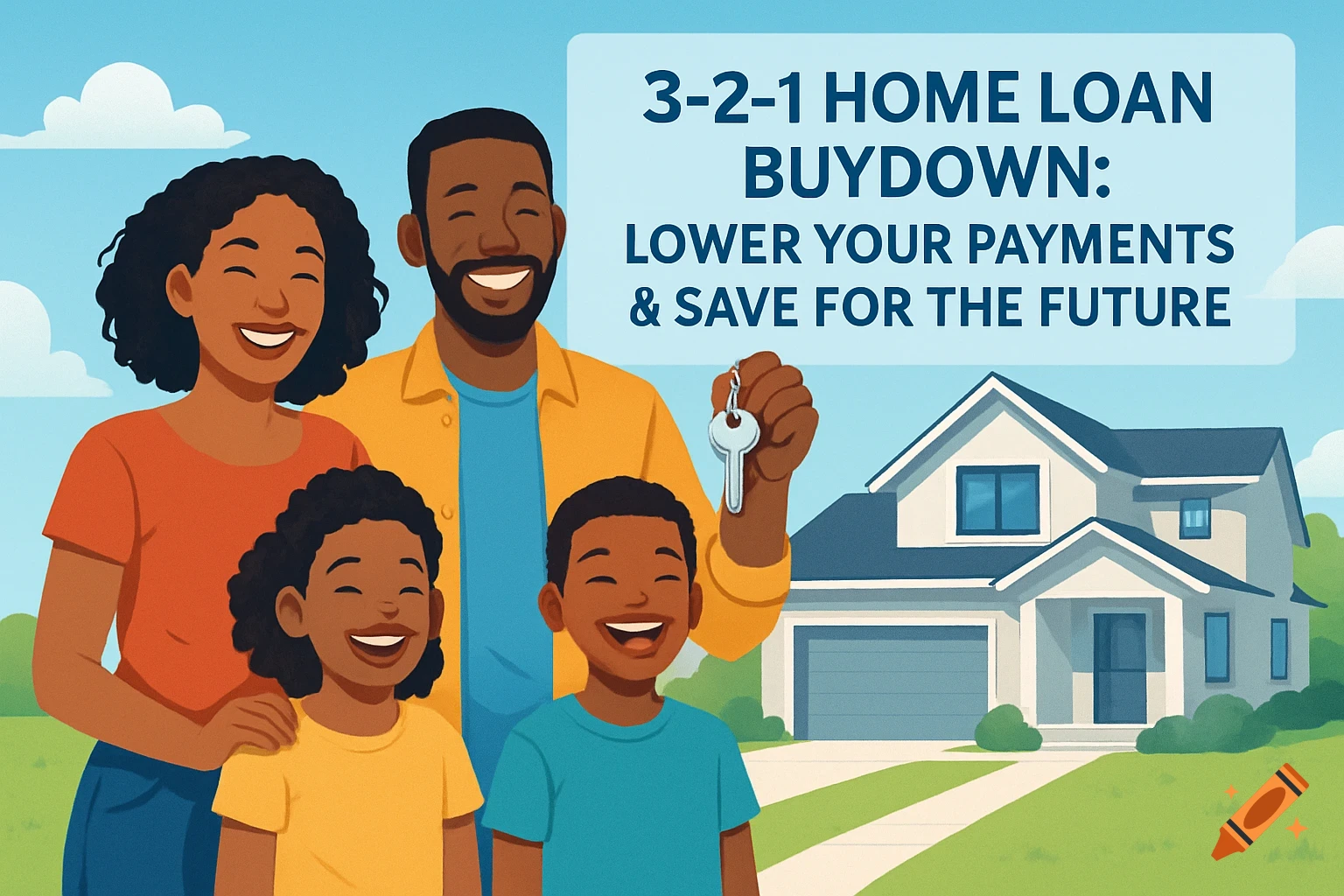 An illustration of a happy Black family standing in front of a modern house, with text about a home loan buydown.