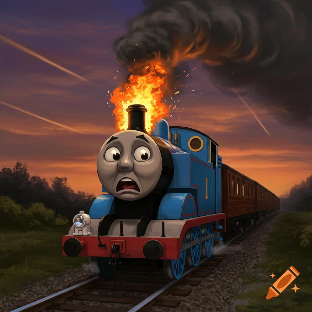 A scared Thomas the Tank Engine with fire erupting from his smokestack, on a railway track at sunset.