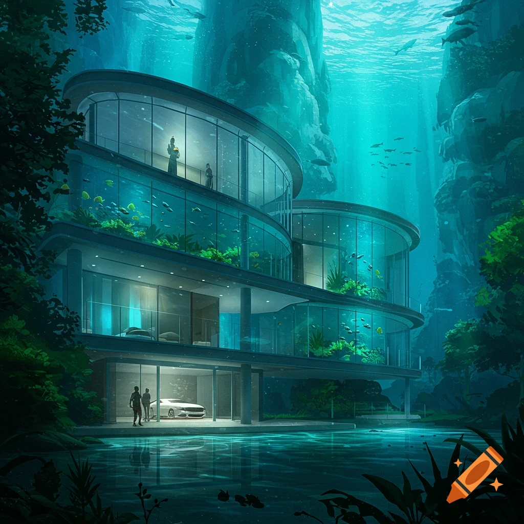 A futuristic modern house with curved glass walls, serving as an aquarium, partially submerged in clear blue water with rocky formations and trees.