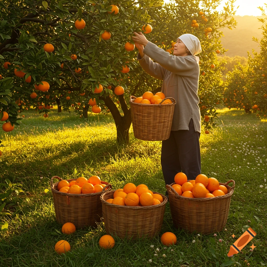 Photorealistic image of an older person harvesting oranges from a tree in a sunlit orchard, with full baskets on the ground.