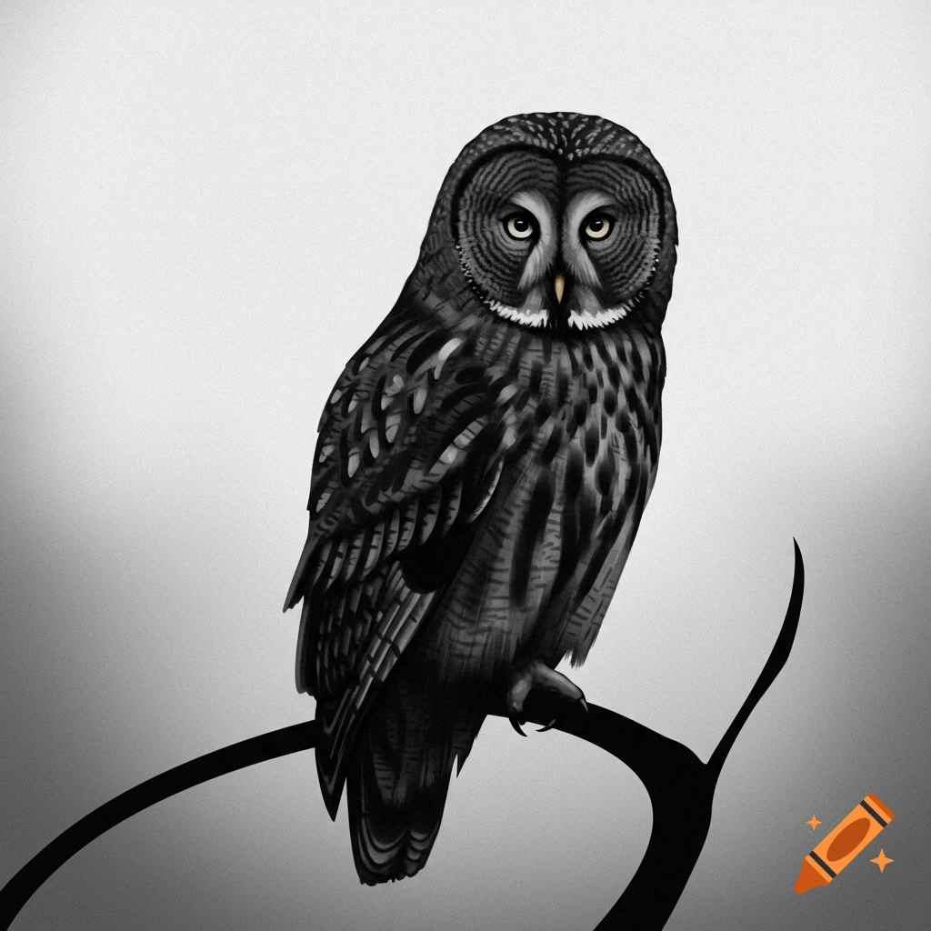 A stylistic grey owl perched on a dark branch in a two-tone illustration style.