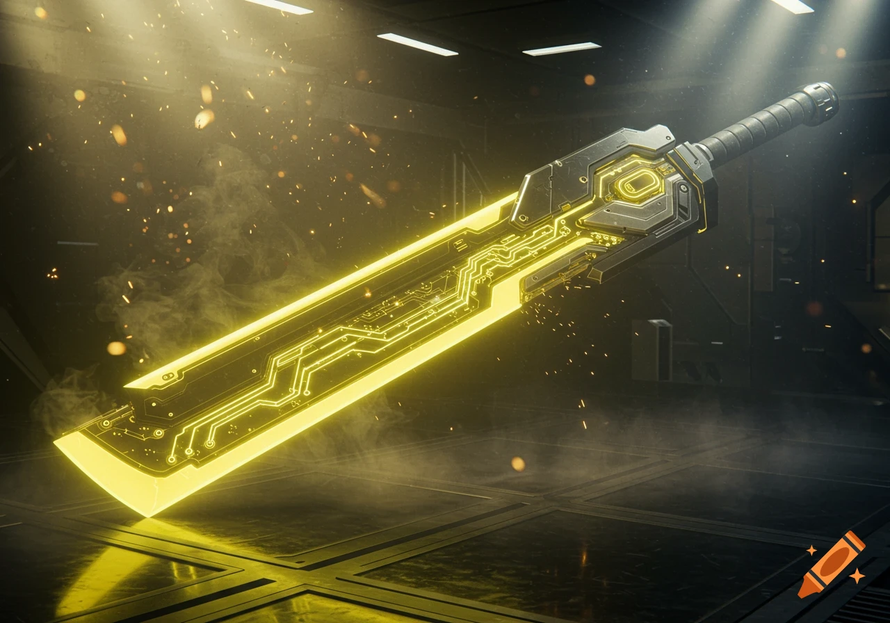 A bright yellow glowing futuristic energy sword with circuit board details in a dark, smoky sci-fi environment.