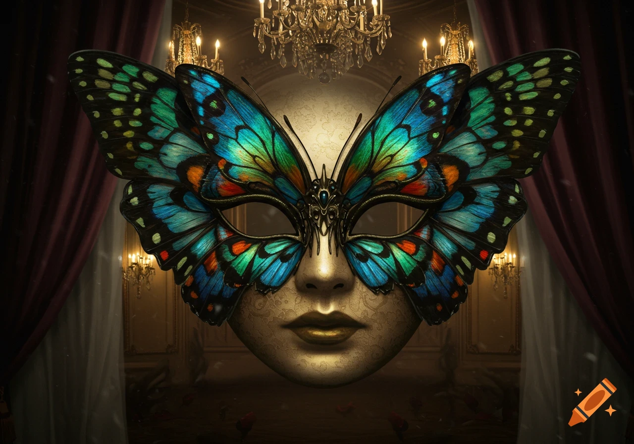 An ornate golden masquerade mask featuring vibrant blue and green butterfly wings, set in a dimly lit, luxurious room.
