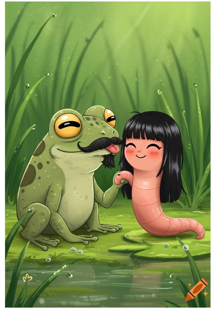 Cartoon illustration of a green frog with a mustache and goatee licking a smiling pink worm with black hair in a grassy pond.