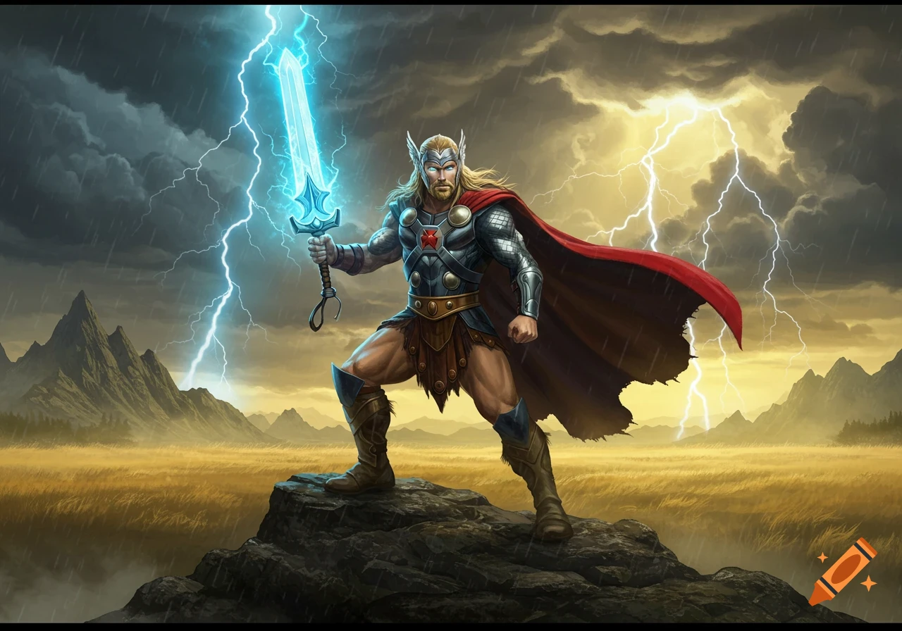 A muscular, blond warrior resembling Thor and He-Man stands on a rock, holding a glowing blue sword amidst a stormy, lightning-filled landscape.