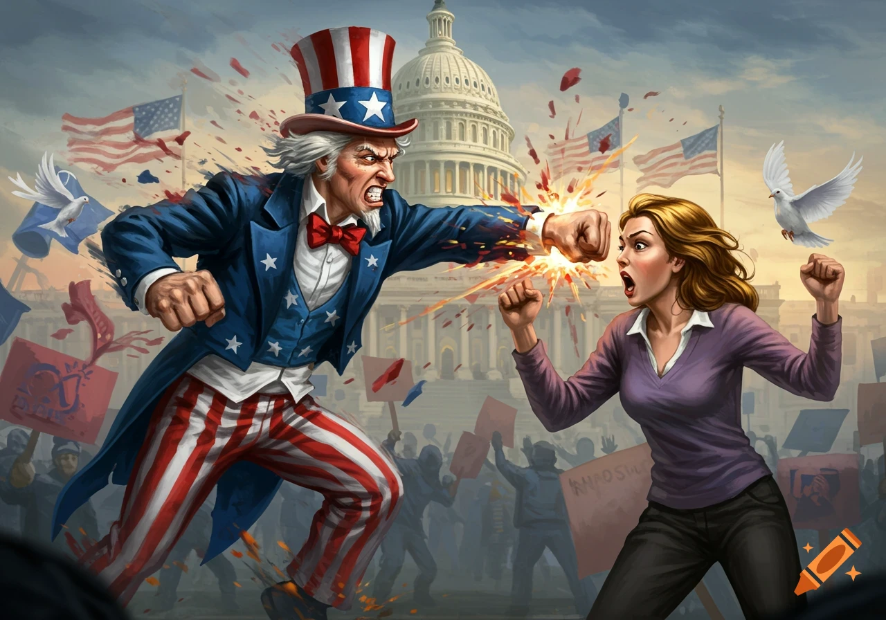 Uncle Sam punches a woman with the US Capitol and protest flags in the background, in a dynamic illustration style.