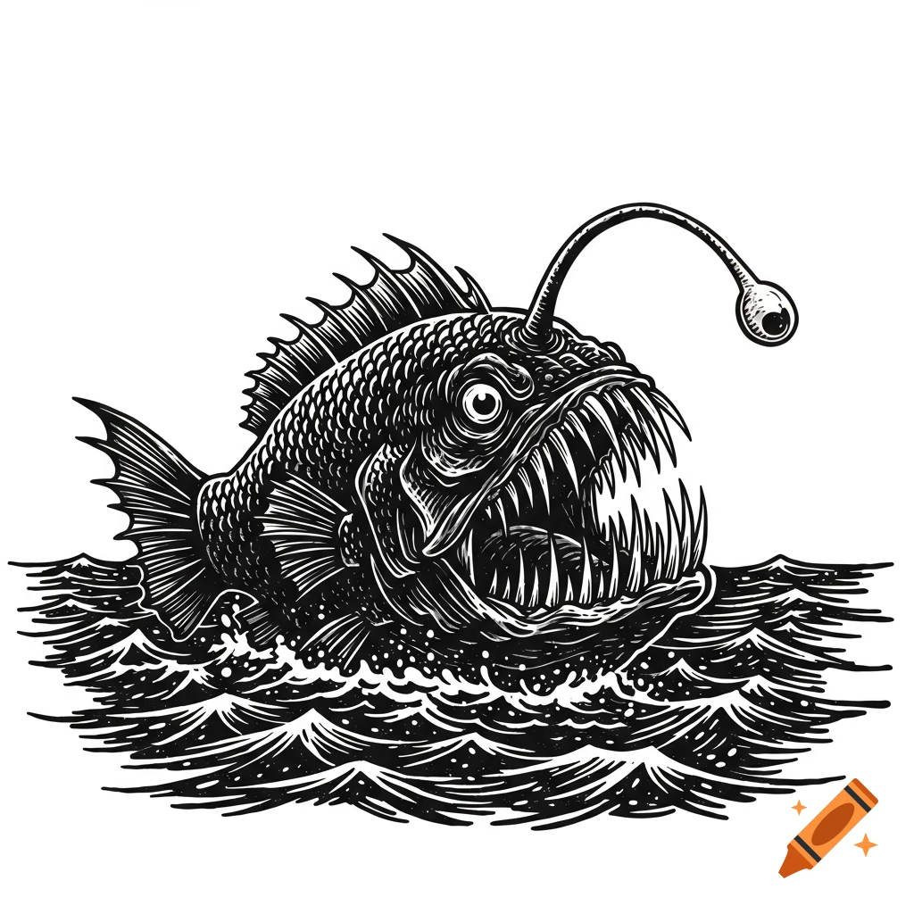 A black and white woodcut illustration of an anglerfish with sharp teeth breaking the surface of the water.