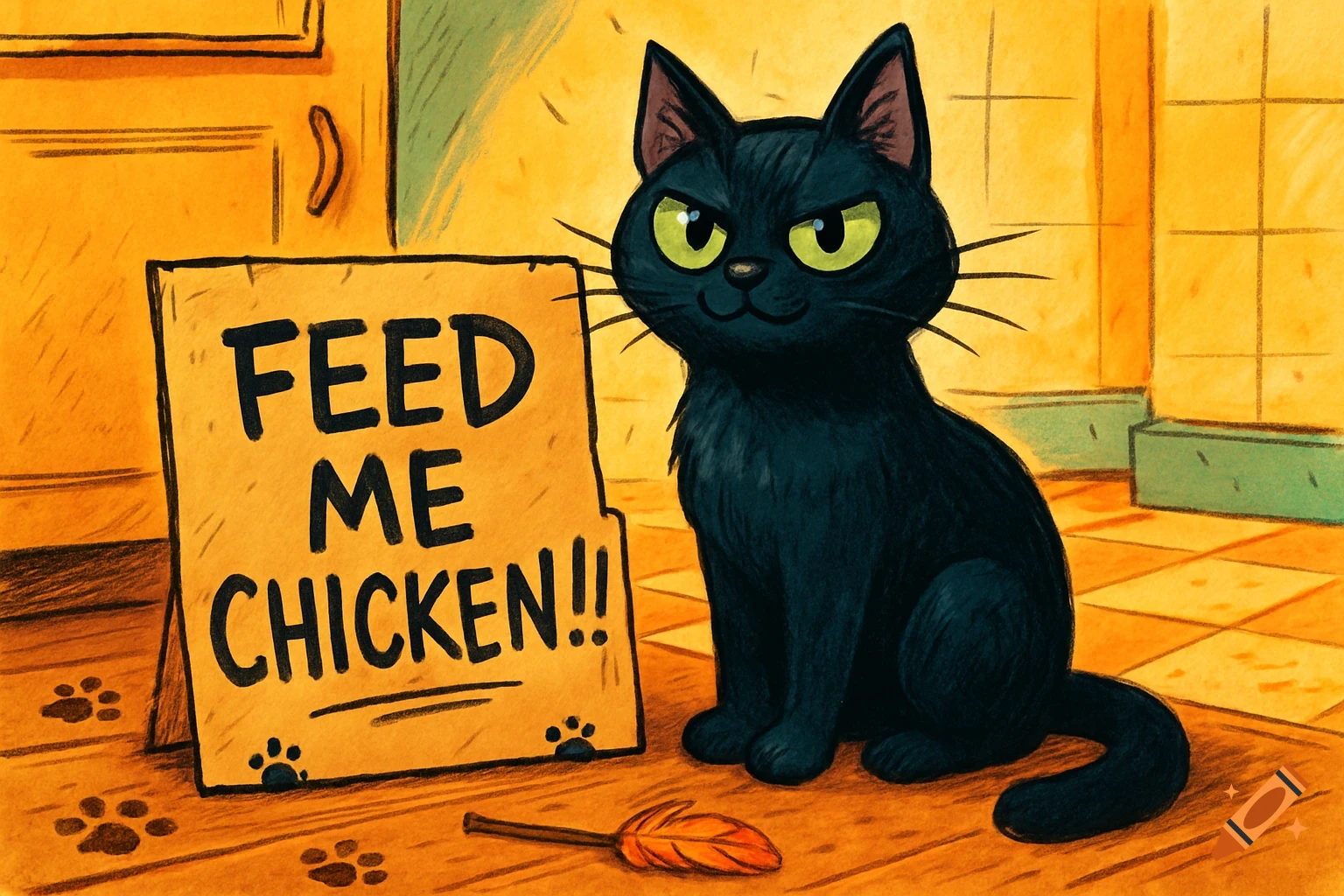 A cartoon black cat with green eyes sits next to a yellow sign that reads "FEED ME CHICKEN!!". Paw prints are on the floor.