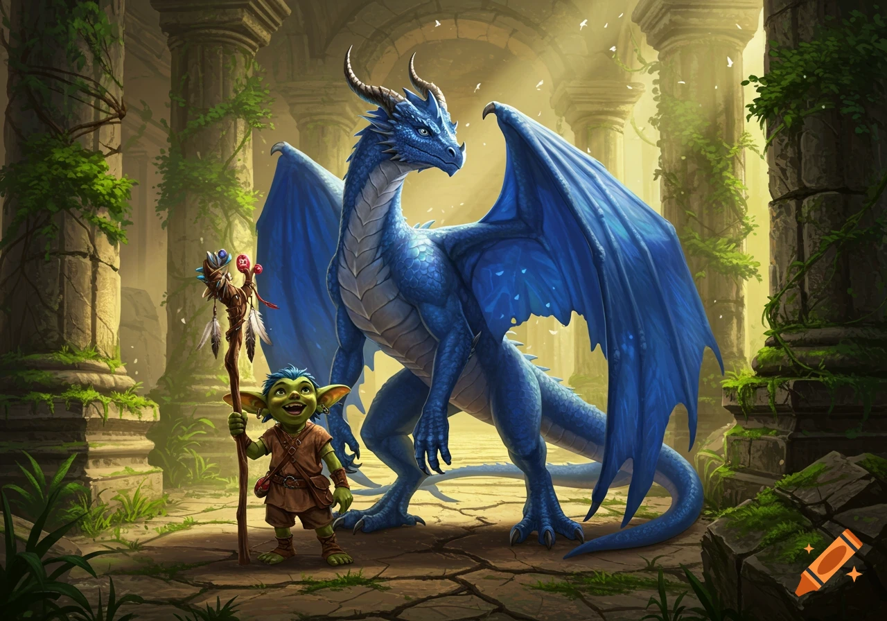 A large blue dragon stands next to a small green goblin holding a staff in ancient, overgrown ruins.