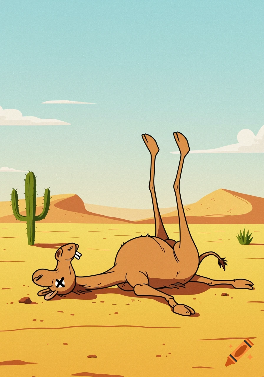 A cartoon dead camel lies on its back in a desert with its legs in the air and X-eyes, next to a cactus.