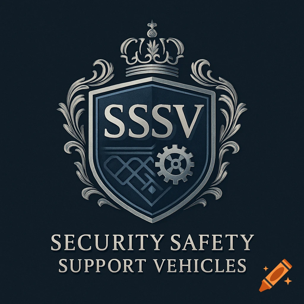 A regal silver and blue crest logo with "SSSV" on a shield, topped with a crown, and the text "SECURITY SAFETY SUPPORT VEHICLES" below it.