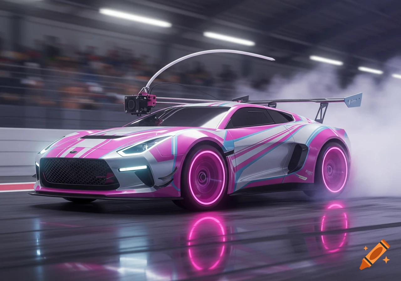 A pink, blue, and white racing car with glowing wheels and a 3D printer device on top, on a wet racetrack.