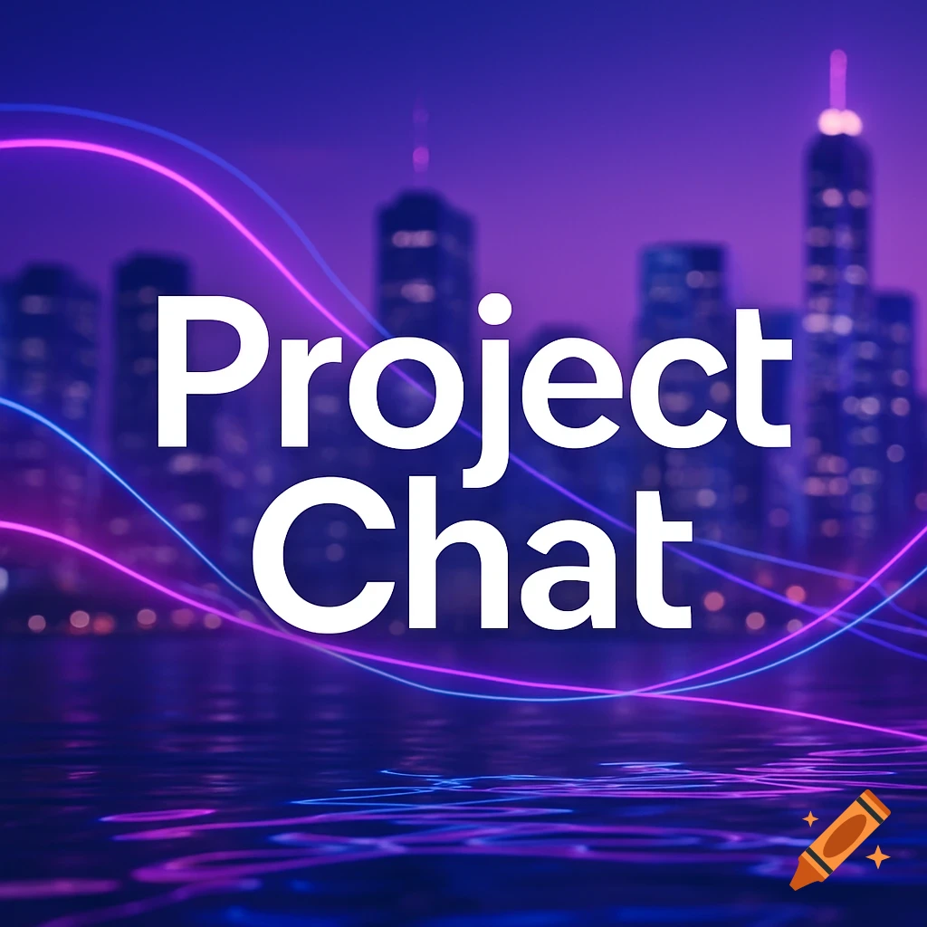 White text 'Project Chat' over a blurred purple and blue city skyline with neon pink and blue wavy lines.