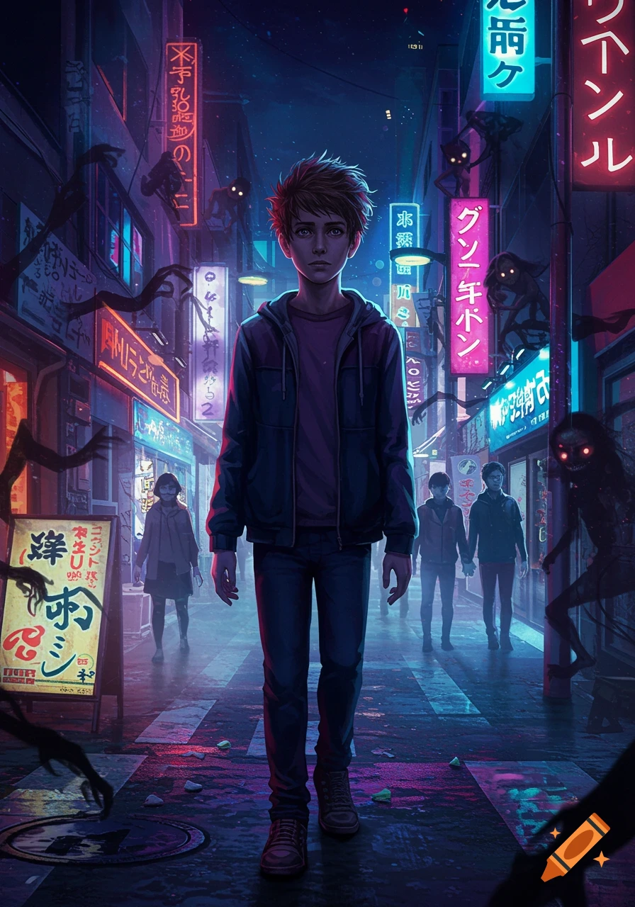 A young boy stands in a dark Tokyo street at night, surrounded by shadowy, glowing-eyed demons and vibrant neon signs.