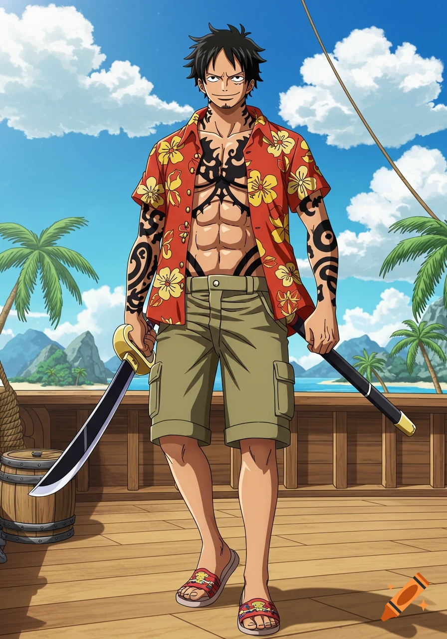 An anime character resembling Luffy with a red Hawaiian shirt, tattoos, khaki shorts, and a sword, standing on a ship deck.