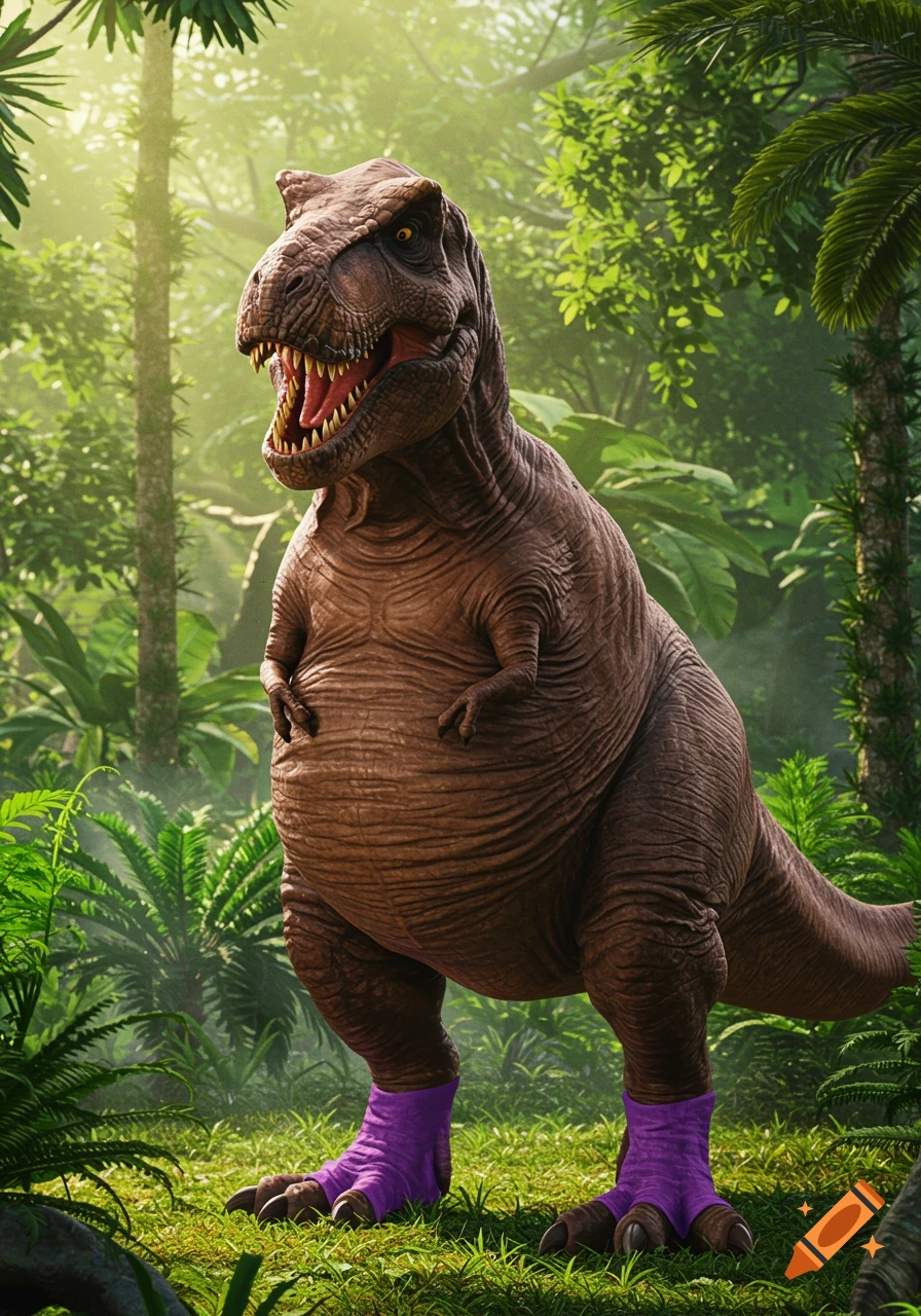A large, plump brown T-Rex with purple leg coverings stands smiling with its mouth open in a lush green jungle.