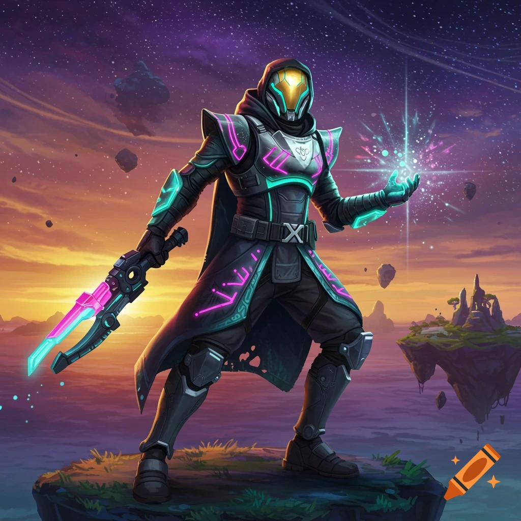 A futuristic hooded character with glowing neon armor and a weapon stands on a rocky outcrop under a starry, cosmic sky.