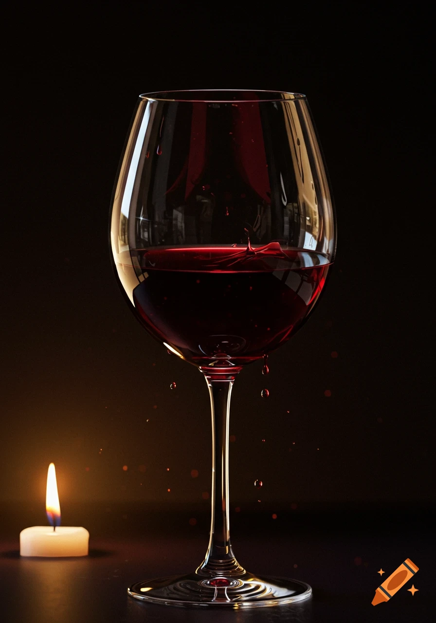 A photorealistic image of a glass of red wine with splashes, next to a lit candle, on a dark background.