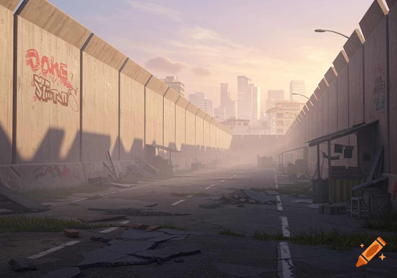 A street in a futuristic dystopian city at dawn with tall concrete walls, broken pavement, and mist.