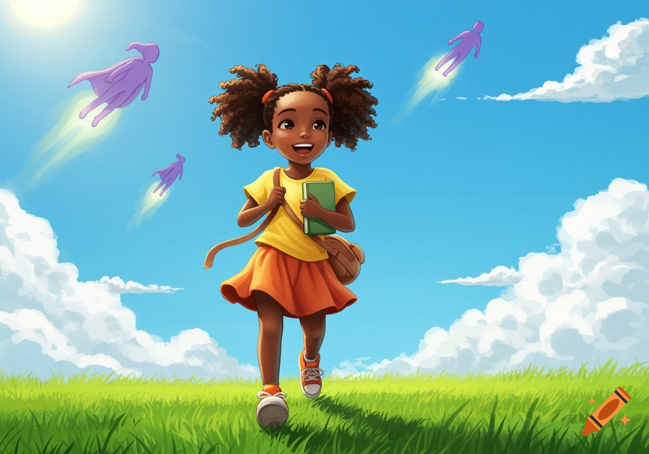 A joyful African girl with curly pigtails smiles while running through a grassy field, holding a book. Purple superhero figures fly in the sunny blue sky.